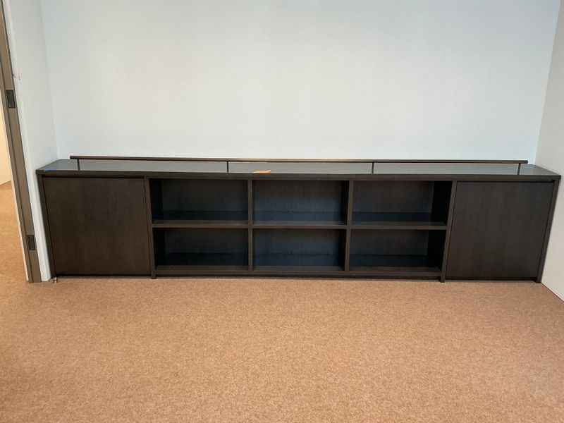 Dark Brown wooden built-in shelf with two doors